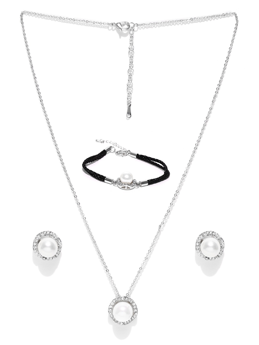 YouBella Silver-Toned  Black Stone-Studded Beaded Jewellery Set